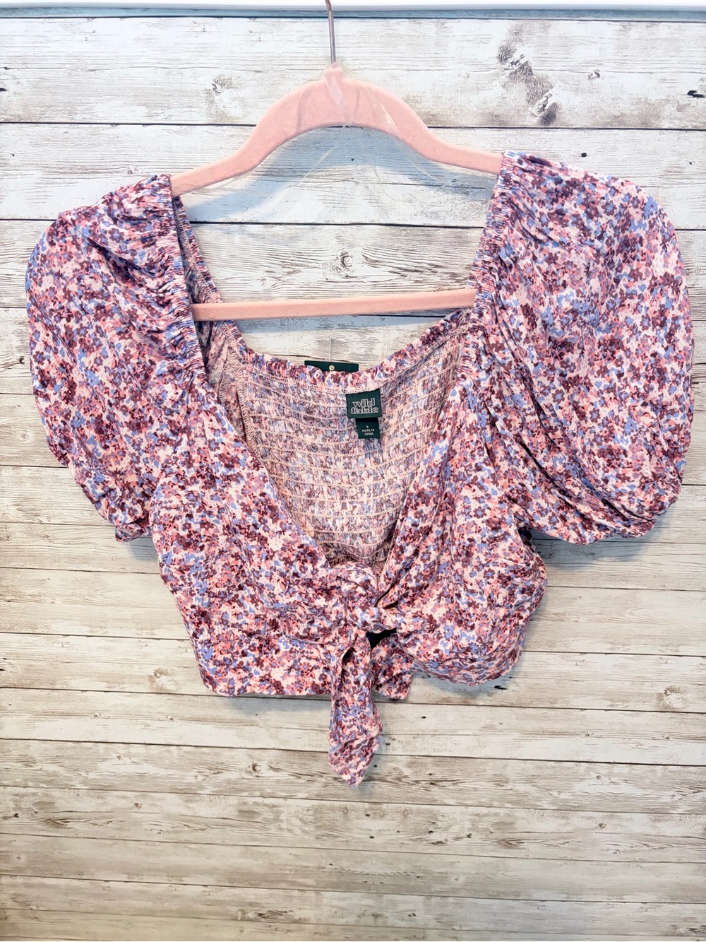 wild fable Pink Lavender Floral Tie-Front Puff Sleeve Crop Top